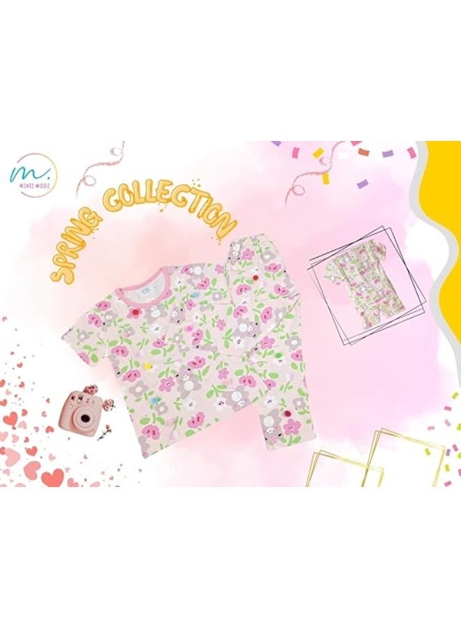 MINIIMODZ MINII MODZ Pink Flower Teddy Print Shirt & Pant Set for Girls – Soft Cotton Dress Sleepwear | Suitable for Kids, Toddlers, and Infants - Image 2